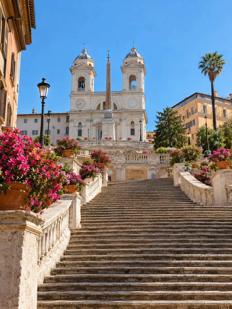 The Spanish Steps seen from below, azaleas on the balustrades and Trinità dei Monti at the top