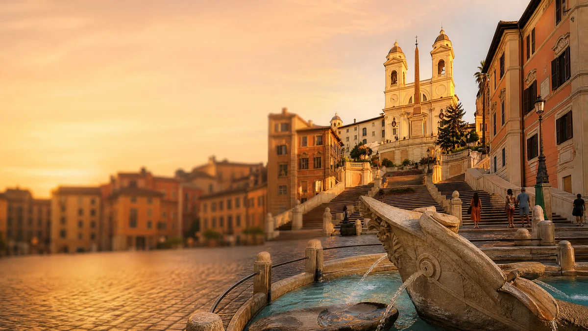 The Barcaccia fountain at the foot of the Spanish Steps in golden evening light